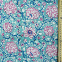 Block Print Pink Flower Vines on Baby Blue