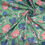 Block Print Pink Blue Flowers on Green Background
