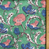 Block Print Pink Blue Flowers on Green Background