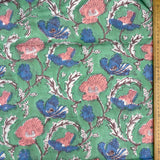 Block Print Pink Blue Flowers on Green Background