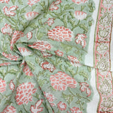 Block Print Blush Floral on Jade Green Background Border
