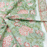 Block Print Blush Floral on Jade Green Background Border