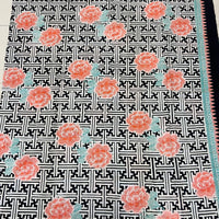 (Hand stamped Batik) Black and White Pattern with Orange Flowers