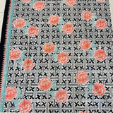 (Hand stamped Batik) Black and White Pattern with Orange Flowers