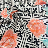 (Hand stamped Batik) Black and White Pattern with Orange Flowers