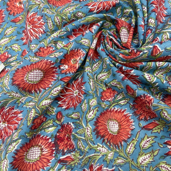 Block Print Bright Sunflowers on Turquoise