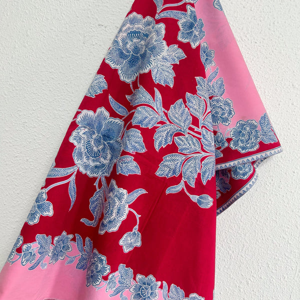 (Hand-stamped batik) Classic Stalks of Flowers Red Pink Dual-Tone