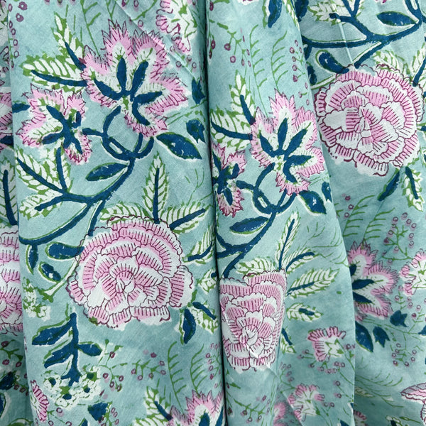 Block Print Butterflies on Camellia Floral Turquoise
