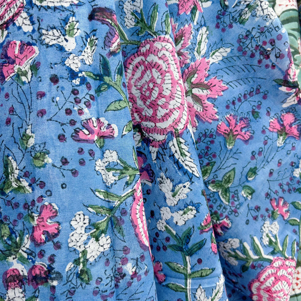 Block Print Butterflies on Camellia Floral Sky Blue