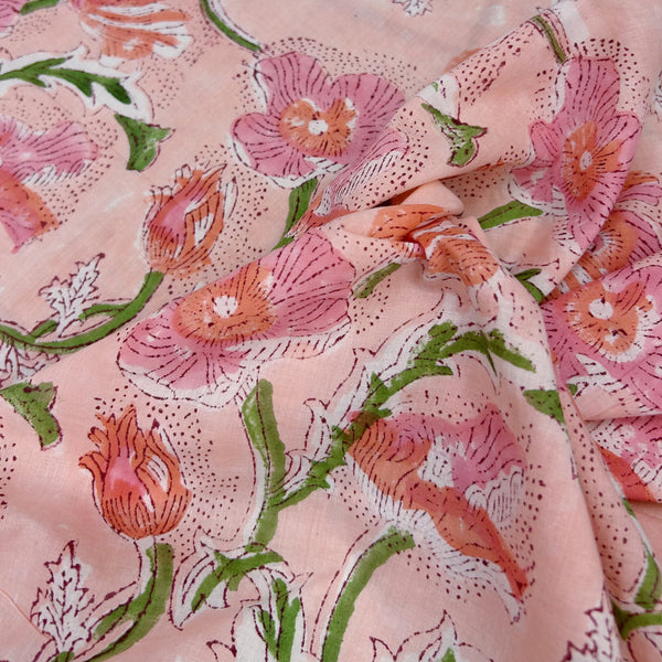 Block Print Sweet Poppy Flowers Pink
