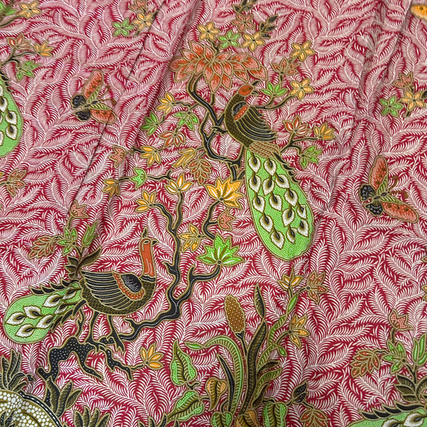 (Handprinted Batik) Peacocks on Trees Red