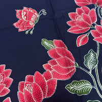 (Hand stamped Batik) Red Floral Borders with Butterflies Navy