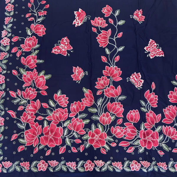 (Hand stamped Batik) Red Floral Borders with Butterflies Navy