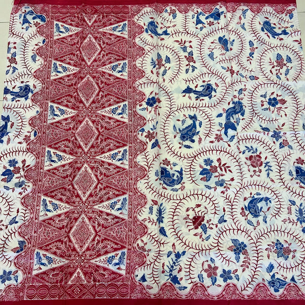 (Hand stamped Batik) Koi with Butterflies Red and Blue