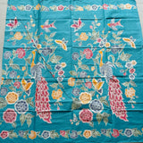 (Hand-stamped Batik) Peacock with flowers Turquoise