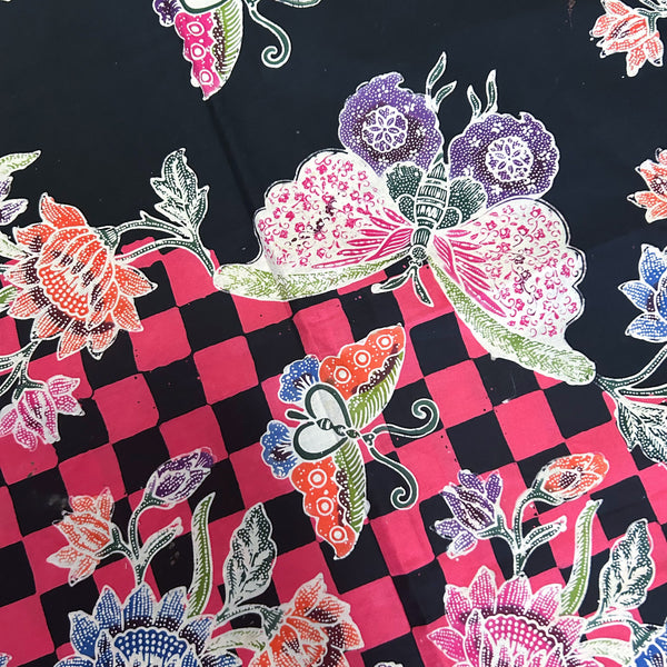(Hand stamped Batik) Flowers and Butterflies with Geometric Shapes