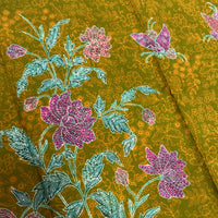(Hand stamped Batik) Stalks of Flowers with Butterflies Olive