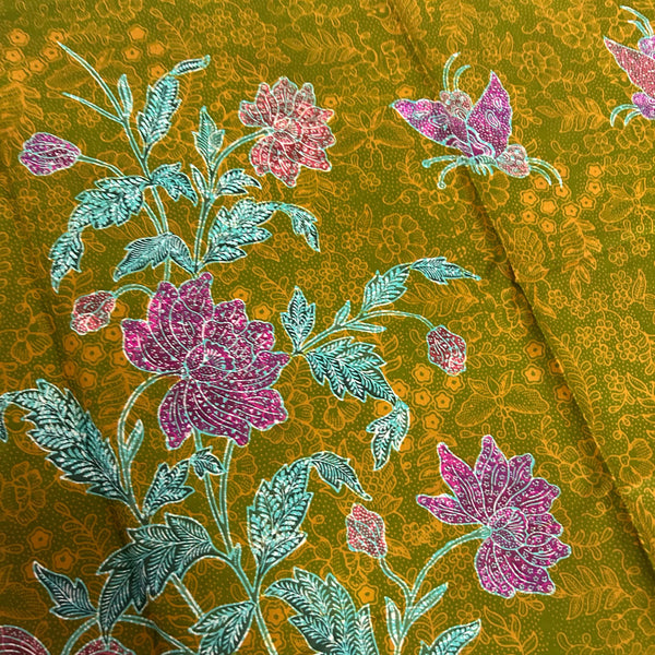 (Hand stamped Batik) Stalks of Flowers with Butterflies Olive