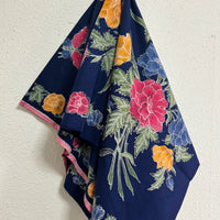 (Hand-stamped batik) Butterflies among the Flowers Stalks Classic Navy
