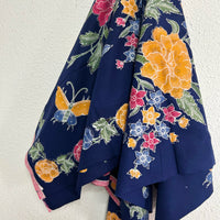 (Hand-stamped batik) Butterflies among the Flowers Stalks Classic Navy