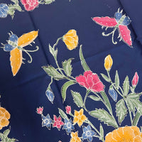(Hand-stamped batik) Butterflies among the Flowers Stalks Classic Navy