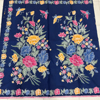 (Hand-stamped batik) Butterflies among the Flowers Stalks Classic Navy