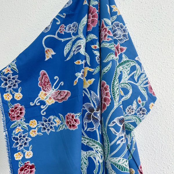 (Hand-stamped batik) Butterflies among the Flowers Stalks Sky Blue