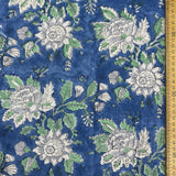 Block Print White Green Floral with Blue Background