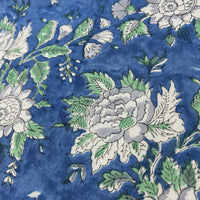 Block Print White Green Floral with Blue Background