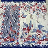 (Hand stamped Batik) Storks by the Lake with flowers Blue Border with Panel