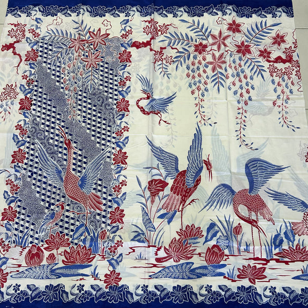 (Hand stamped Batik) Storks by the Lake with flowers Blue Border with Panel