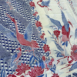 (Hand stamped Batik) Storks by the Lake with flowers Blue Border with Panel