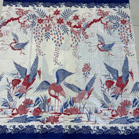 (Hand stamped Batik) Storks by the Lake with flowers Blue Border with Panel