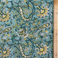 Block Print Yellow Paisley flower on Green Background