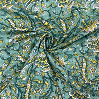 Block Print Yellow Paisley flower on Green Background