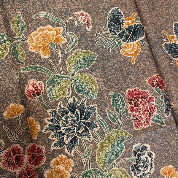 (Hand stamped Batik) Stalks of Flowers with Butterflies Mocha