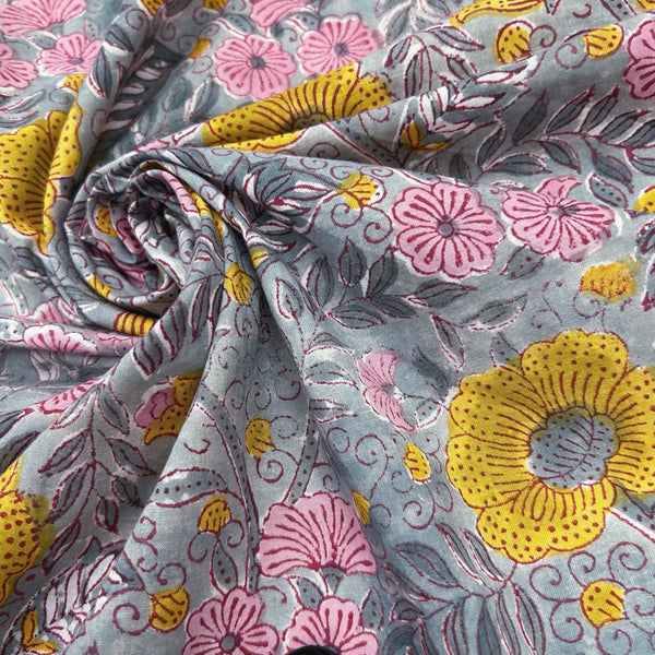 130cm - Block Print Yellow and Pink Floral on Grey Background
