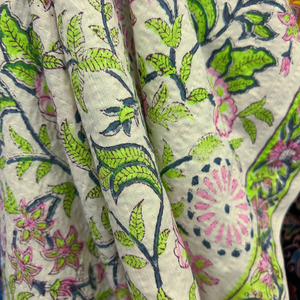 Block Print Pink Floral Vines on Cream Dobby Cotton