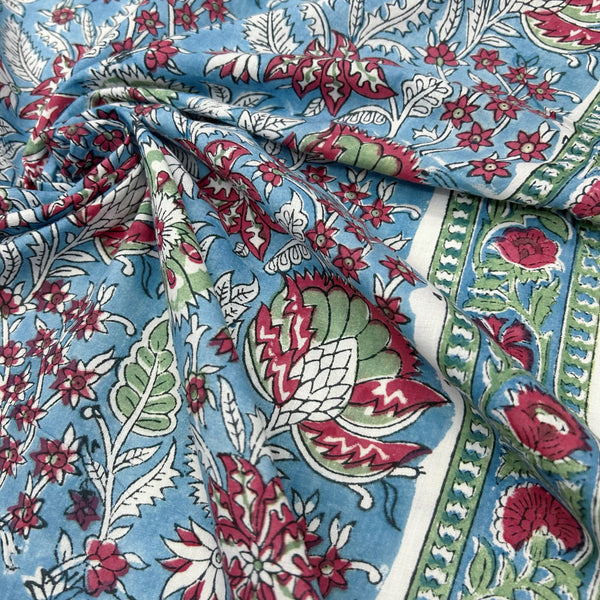 Indian Block Print Red Flowers on Blue Background