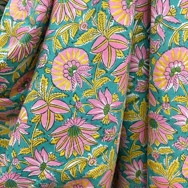 Block Print Pink Yellow Floral on Green Background