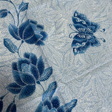 (Hand stamped Batik) Floral Borders with Butterflies Blue Grey