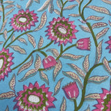 Block Print Pink Flowers Sky Blue Background