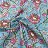 Block Print Pink Flowers Sky Blue Background