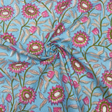 Block Print Pink Flowers Sky Blue Background