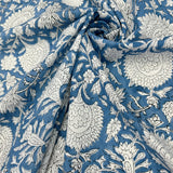 Block Print White Flowers Dusty Blue Background