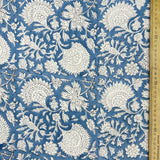 Block Print White Flowers Dusty Blue Background