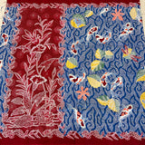 (Hand stamped Batik) Koi and dragonfly with Wave Background
