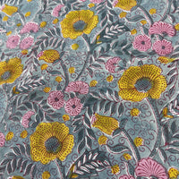 Block Print Yellow and Pink Floral on Grey Background