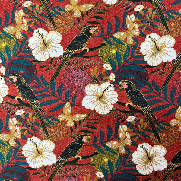 Multicolor tropical life on dark red Stof France cotton fabric